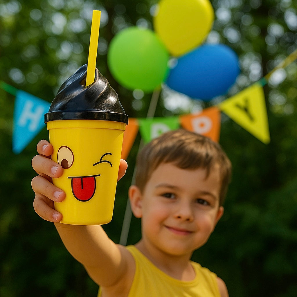 Pack 12 Vasos Plásticos Reutilizables Con Tapa Y Bombilla Para Niños Fiestas y Cumpleaños Emojis 450 ML