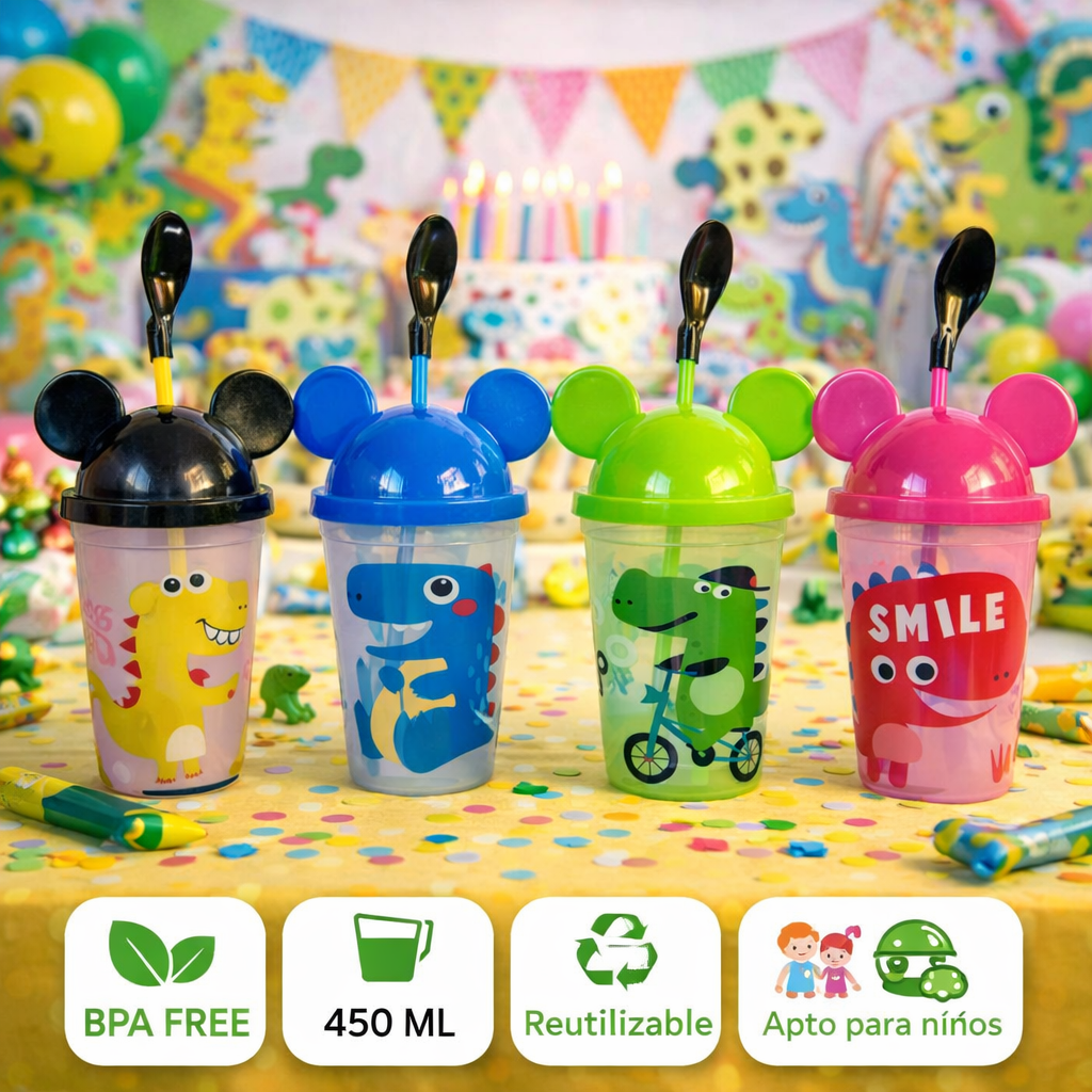 Pack 12 Vasos Plásticos Reutilizables Con Tapa Y Bombilla Para Niños Fiestas y Cumpleaños Dinosaurios 450 ML