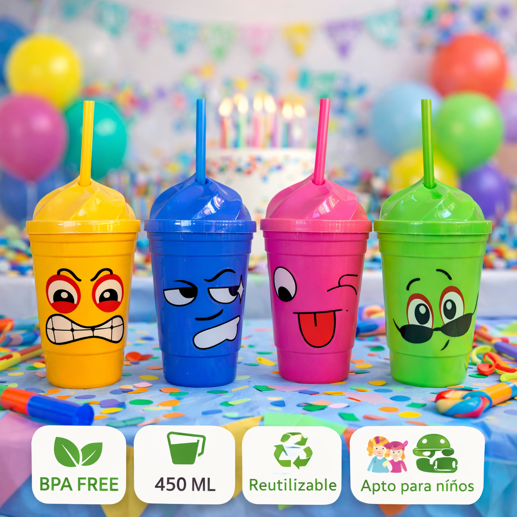 Pack 12 Vasos Plásticos Reutilizables Con Tapa Y Bombilla Para Niños Fiestas y Cumpleaños Multicolores 450 ML
