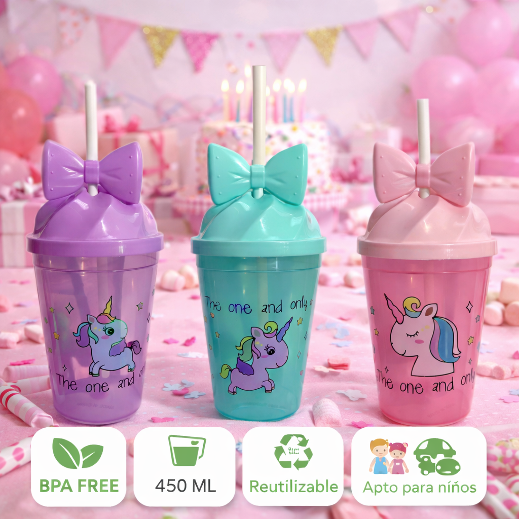 Pack 12 Vasos Plásticos Reutilizables Con Tapa Y Bombilla Para Niñas Fiestas y Cumpleaños Unicornios 450 ML
