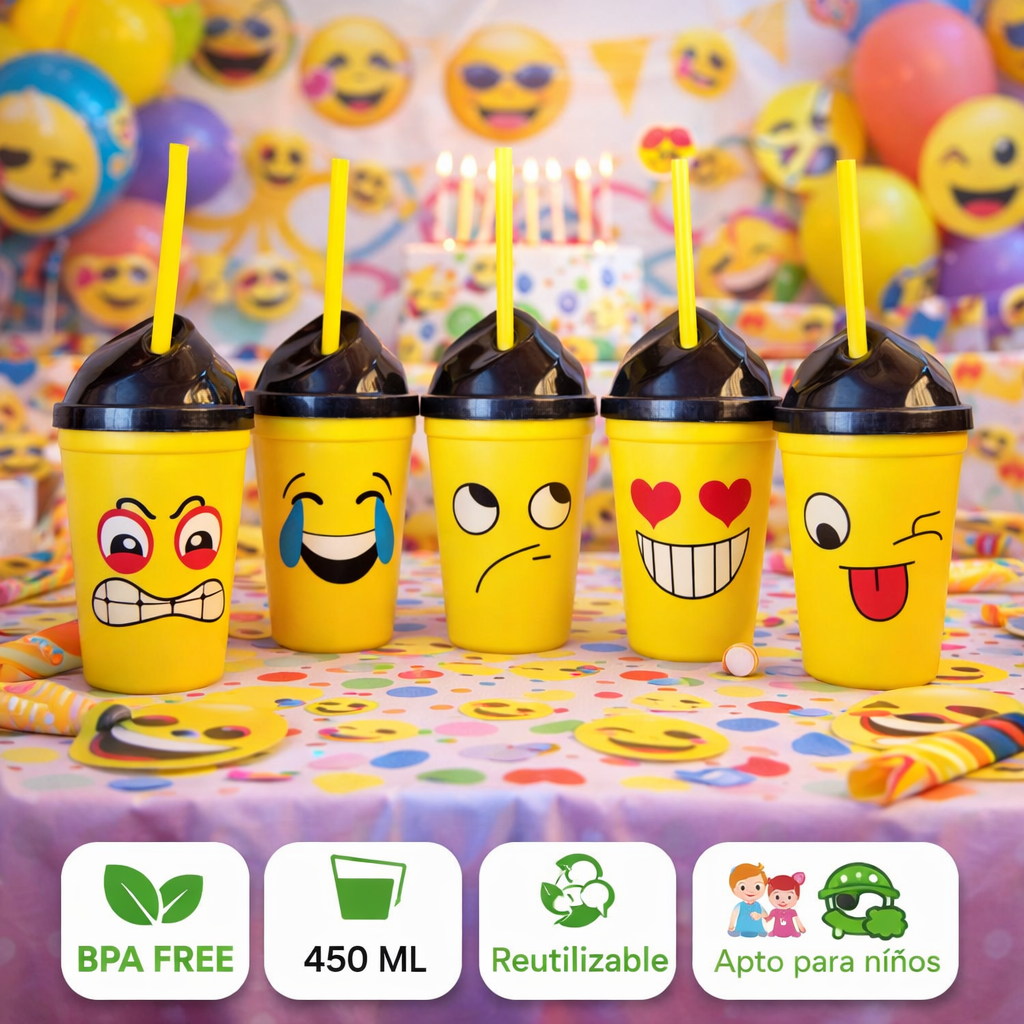 Pack 12 Vasos Plásticos Reutilizables Con Tapa Y Bombilla Para Niños Fiestas y Cumpleaños Emojis 450 ML