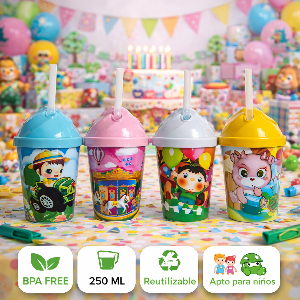 Pack 12 Vasos Plásticos Reutilizables Con Tapa Y Bombilla Para Fiestas y Cumpleaños Infantiles 250 ML