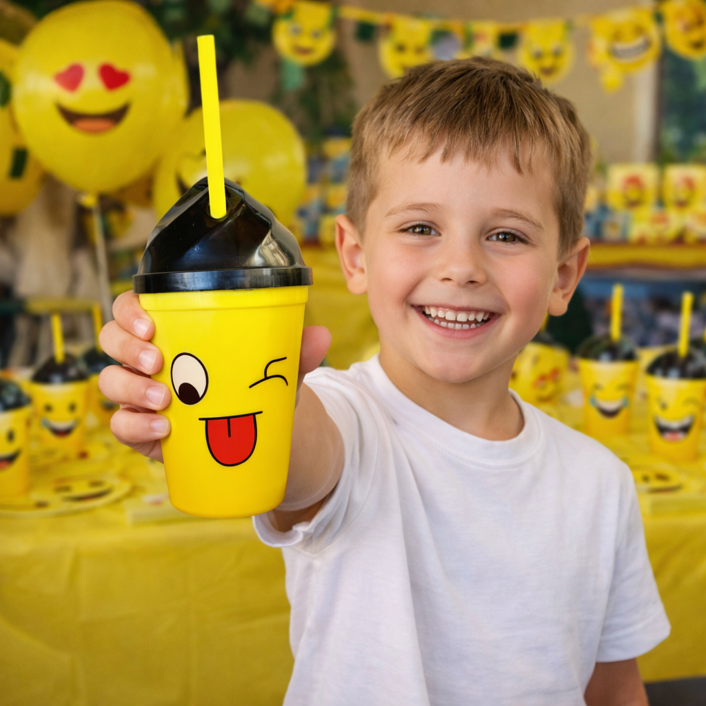 Pack 12 Vasos Plásticos Reutilizables Con Tapa Y Bombilla Para Niños Fiestas y Cumpleaños Emojis 450 ML