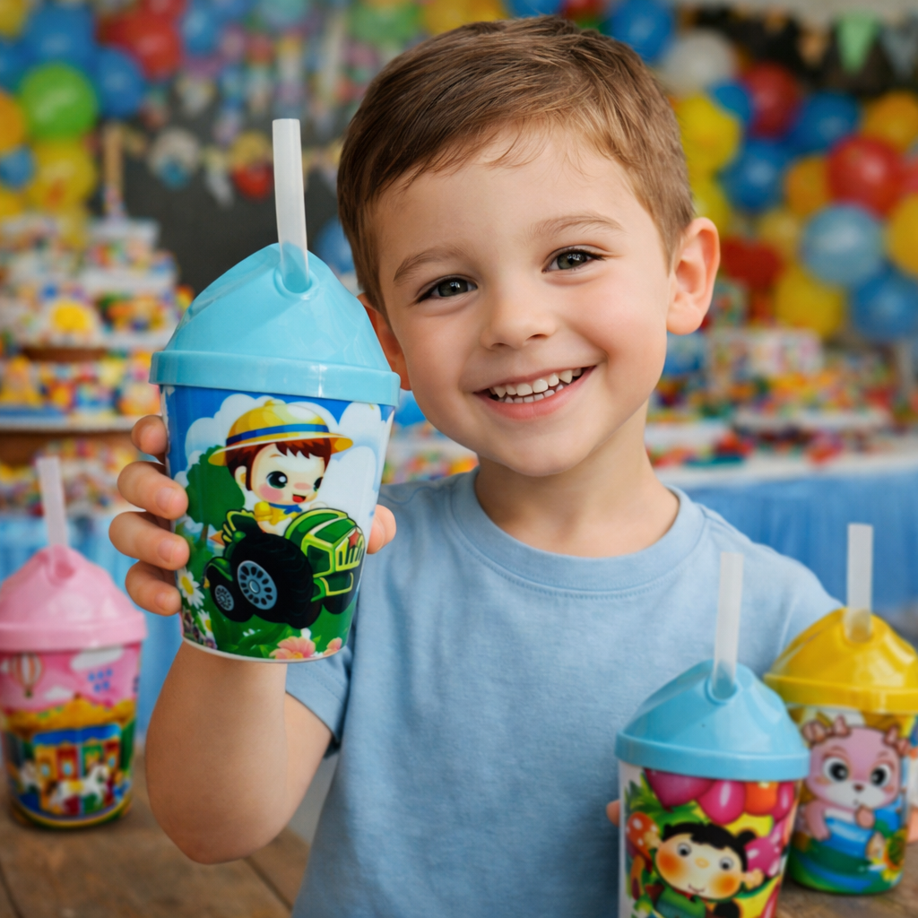 Pack 12 Vasos Plásticos Reutilizables Con Tapa Y Bombilla Para Fiestas y Cumpleaños Infantiles 250 ML