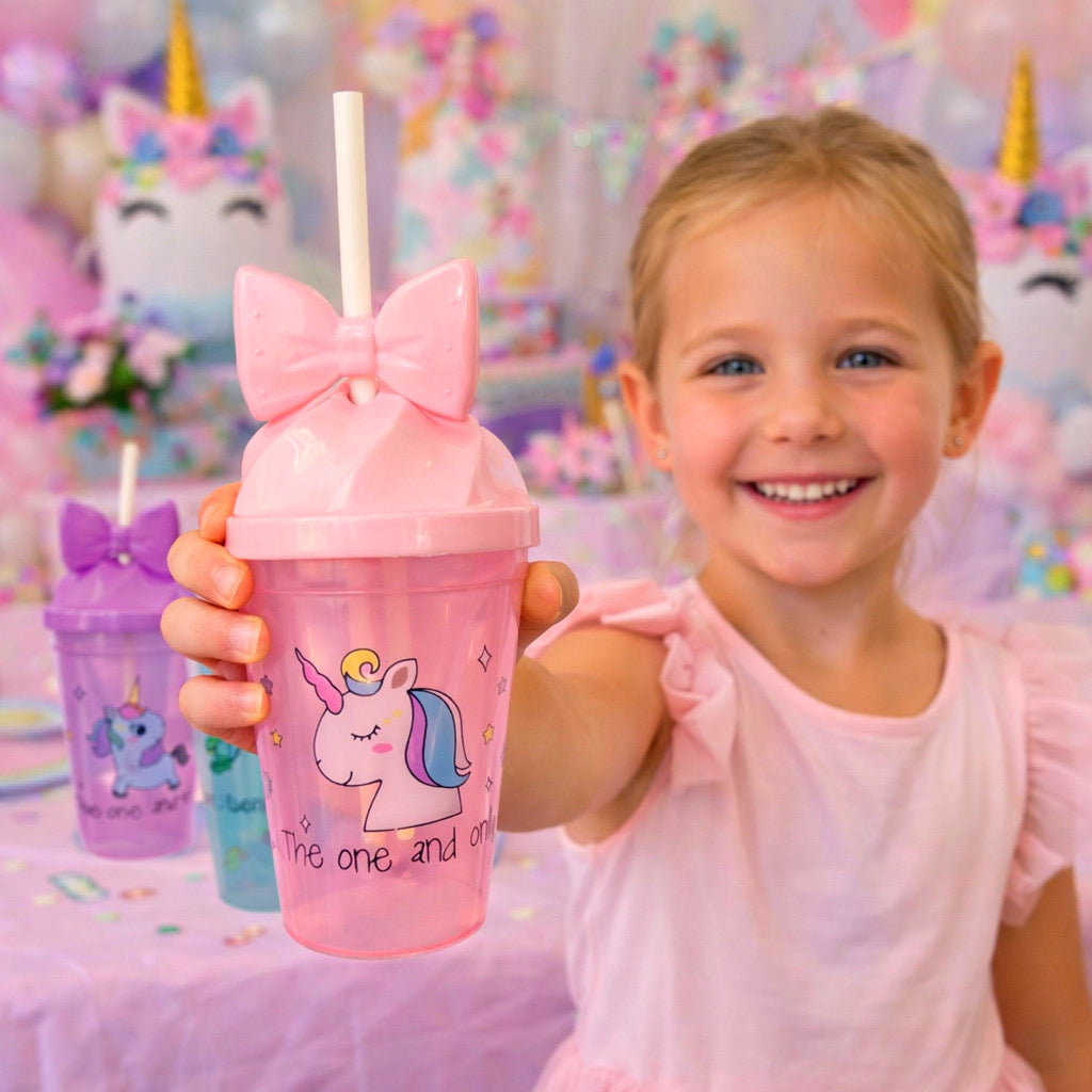 Pack 12 Vasos Plásticos Reutilizables Con Tapa Y Bombilla Para Niñas Fiestas y Cumpleaños Unicornios 450 ML