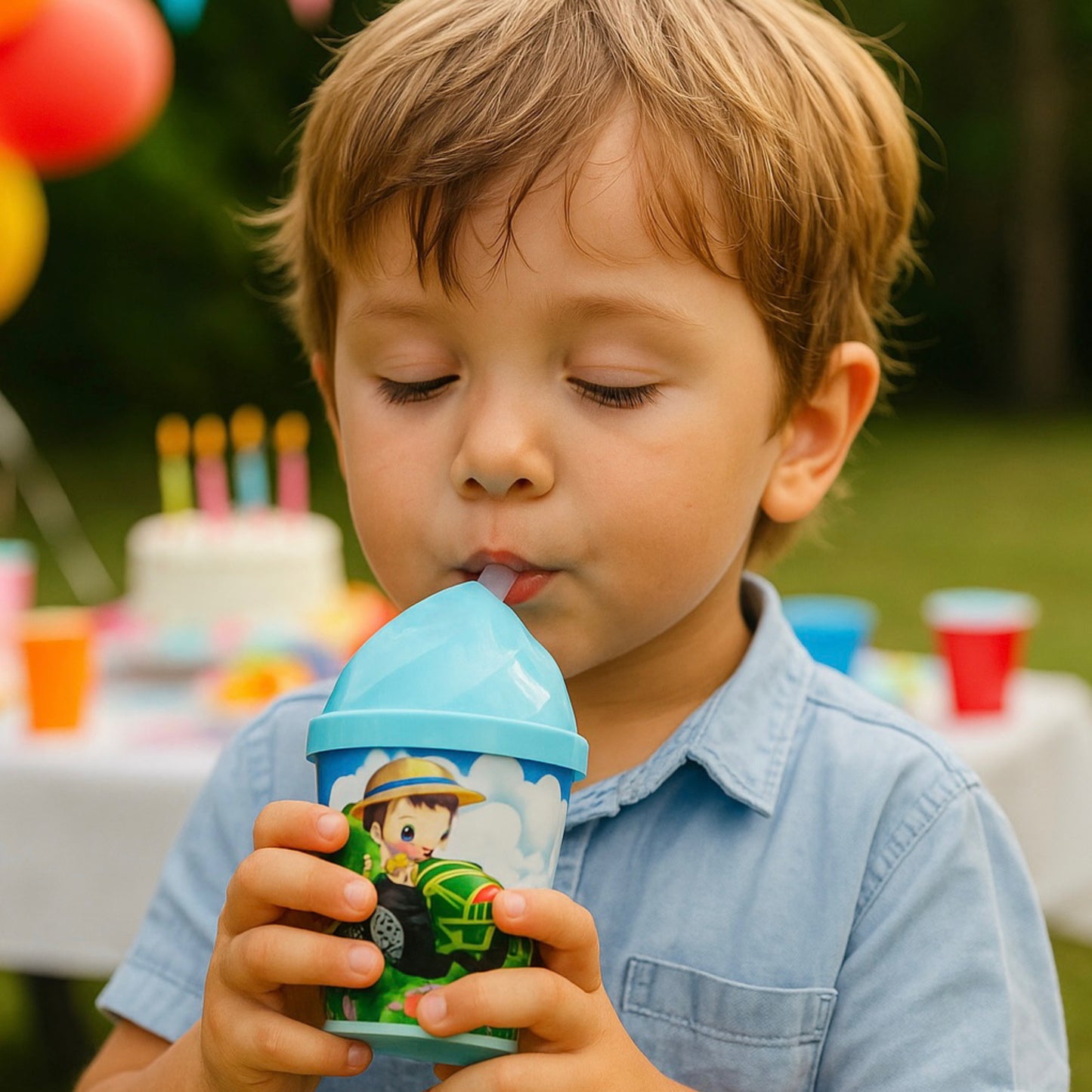 Pack 12 Vasos Plásticos Reutilizables Con Tapa Y Bombilla Para Fiestas y Cumpleaños Infantiles 250 ML