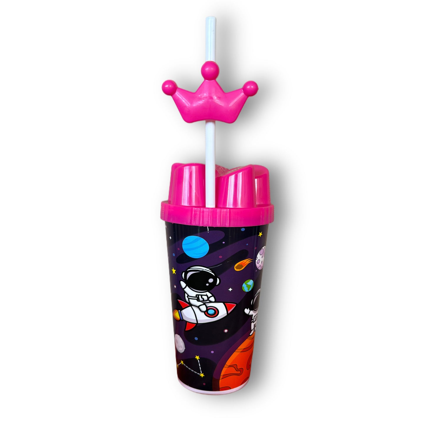 Pack 12 Vasos Plásticos Con Tapa Y Bombilla Para Niños Galaxia 600 ML