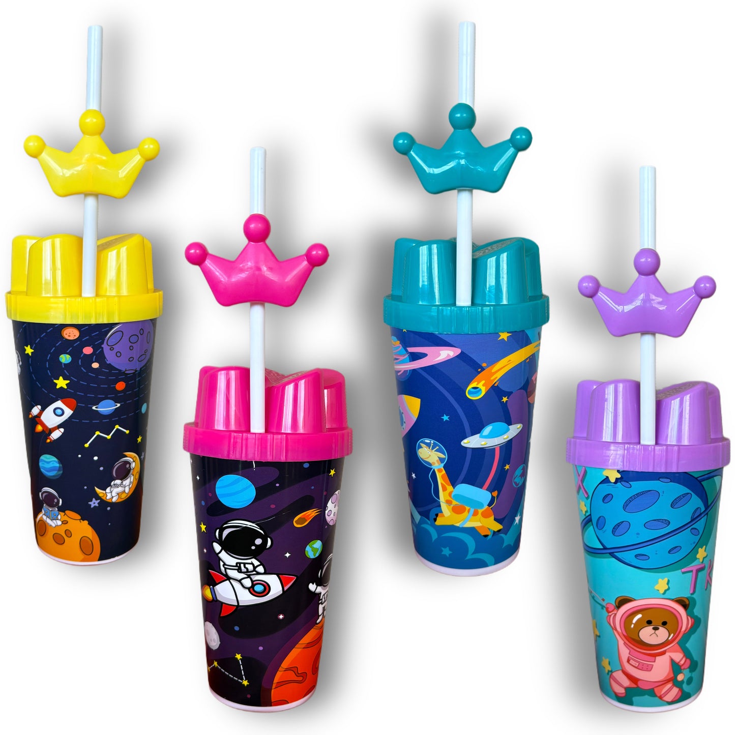 Pack 12 Vasos Plásticos Con Tapa Y Bombilla Para Niños Galaxia 600 ML