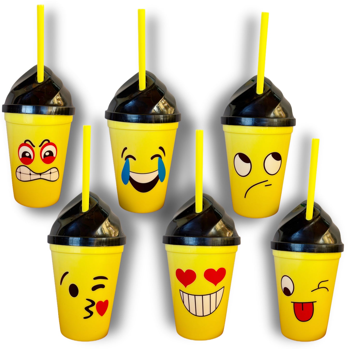 Pack 12 Vasos Plásticos Reutilizables Con Tapa Y Bombilla Para Niños Fiestas y Cumpleaños Emojis 450 ML