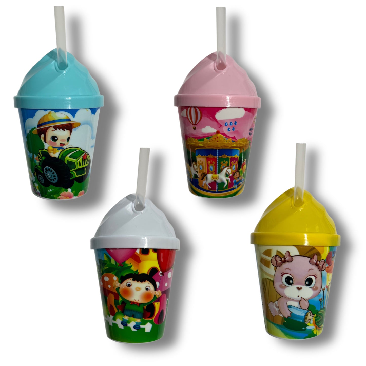 Pack 12 Vasos Plásticos Reutilizables Con Tapa Y Bombilla Para Fiestas y Cumpleaños Infantiles 250 ML